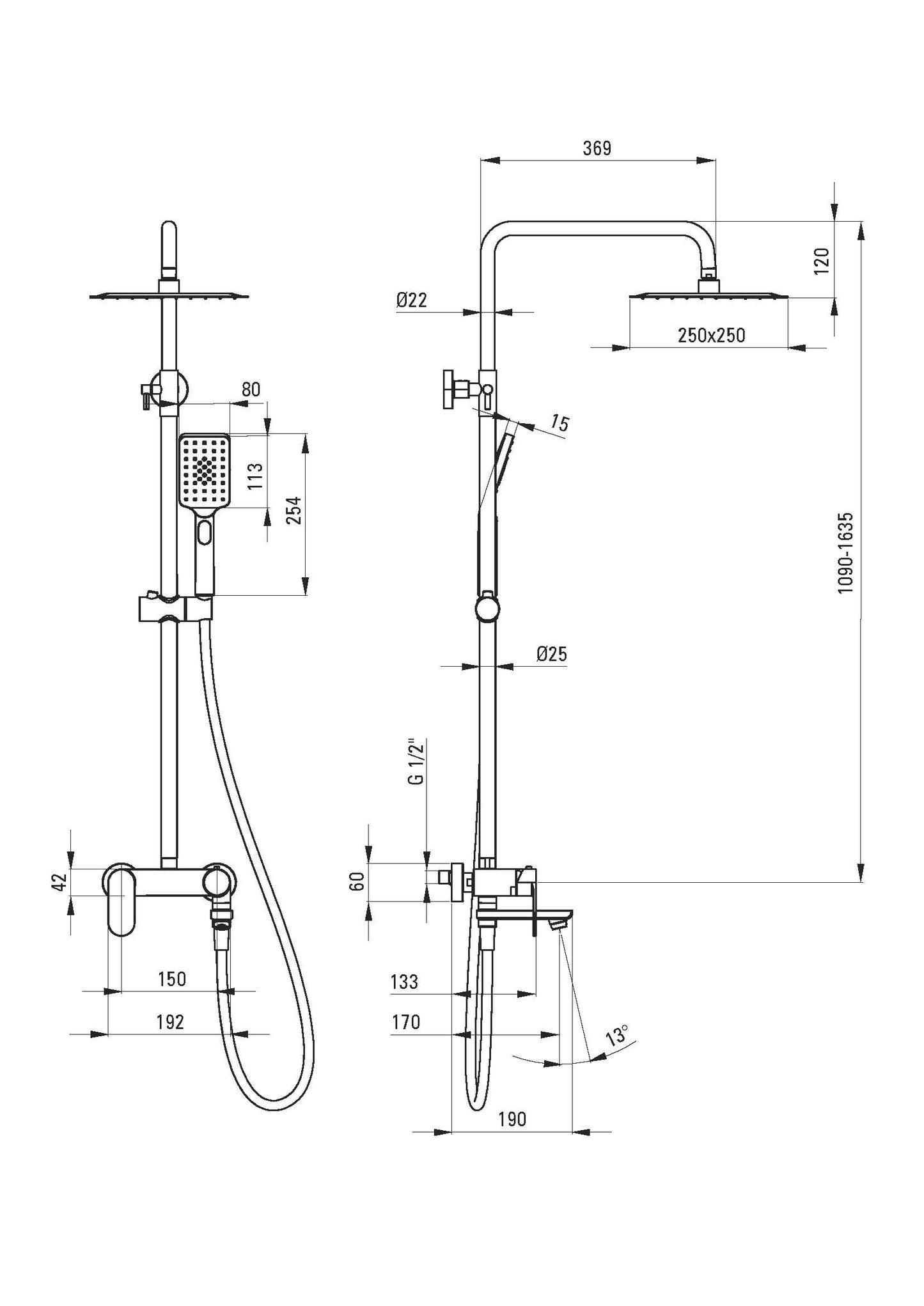 DEANTE Alpinia shower system with bathtub faucet – swivel spout // Chrome // NAC-01AM 