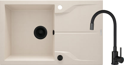 SET: GRANITE SINK ZQN_5113 + SINK MIXER WITH FLEXIBLE SPOUT BOC N72M + NERO FITTINGS, BEIGE