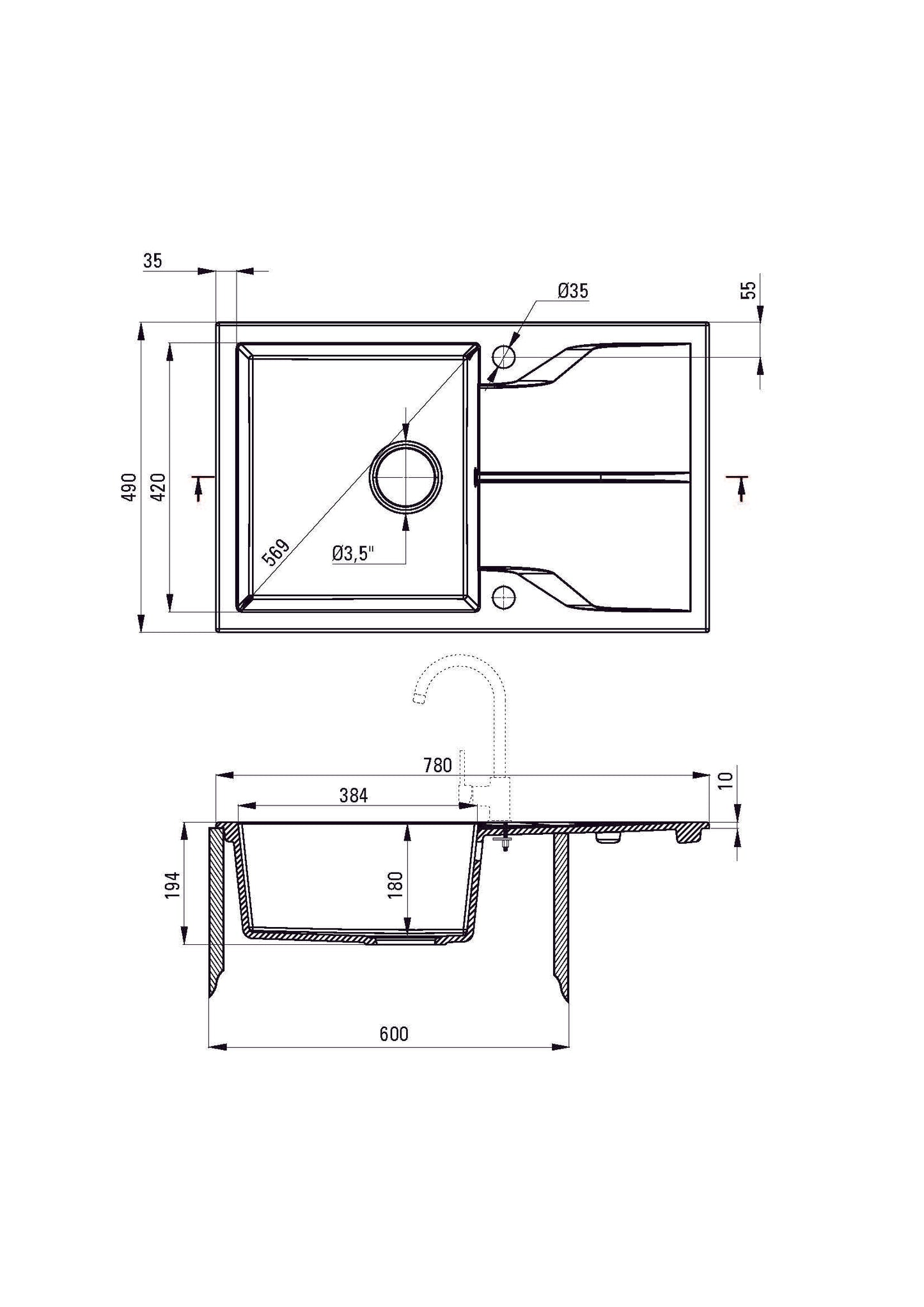 SET: GRANITE SINK ZQN_5113 + SINK MIXER WITH FLEXIBLE SPOUT BOC N72M + NERO FITTINGS, BEIGE