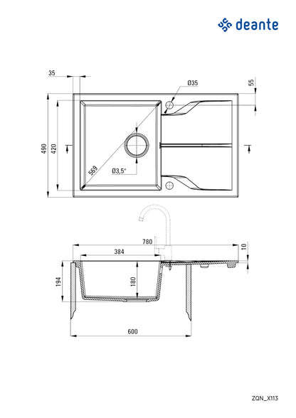 ANDANTE 1-BOWL GRANITE SINK WITH DRAINER 780x490x194, GRAY METALLIC, WITH SPACE SAVER