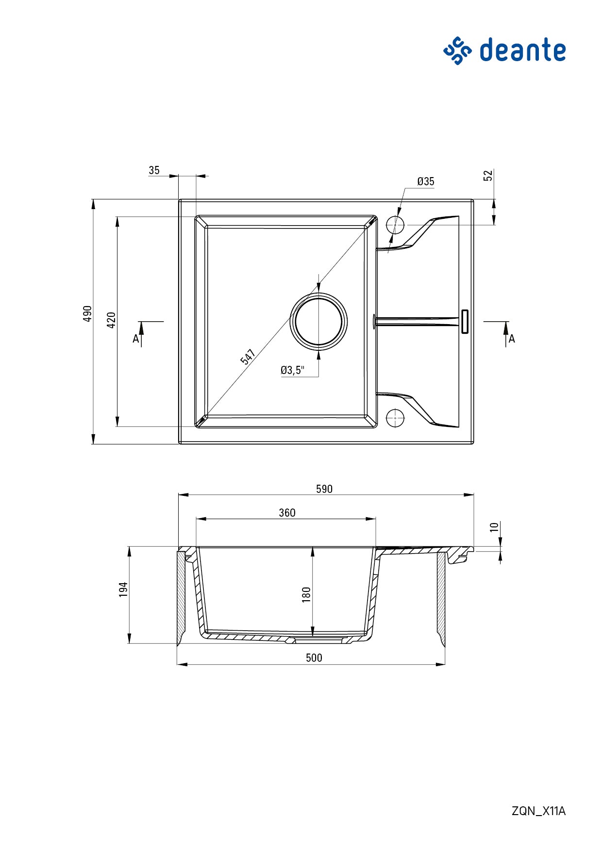 DEANTE Andante Granitspülbecken mit Abtropffläche // Sand // ZQN-711A