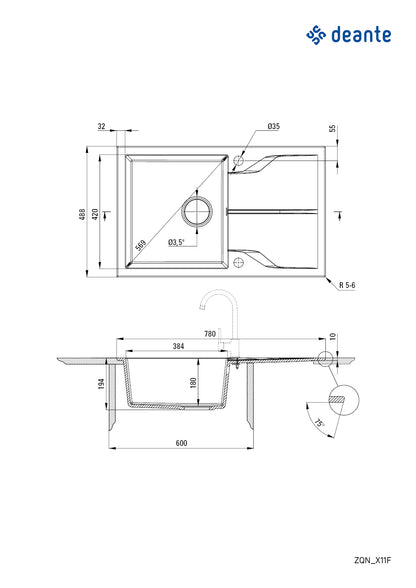 DEANTE Andante Flush Granitspülbecken mit Abtropffläche - Bündige Montage // Grau Metallic // ZQN-S11F