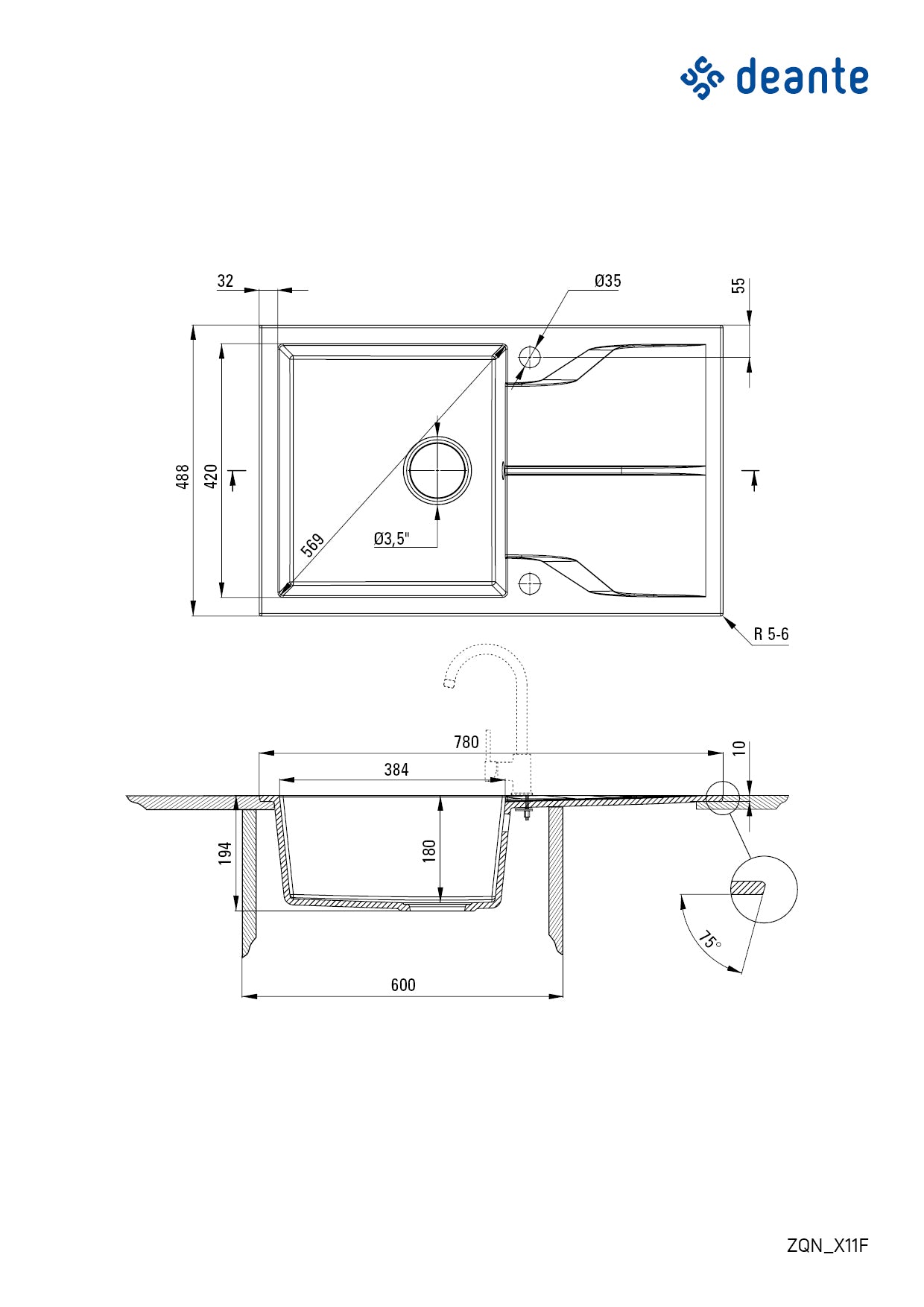 DEANTE Andante Fregadero de granito con escurridor - montaje enrasado // Antracita Metálico // ZQN-T11F 