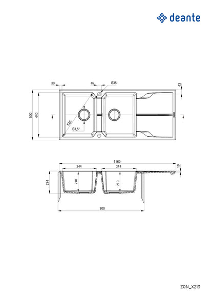 DEANTE Andante Granitspülbecken mit Abtropffläche - 2 Becken // Graphit Metallic // ZQN-G213