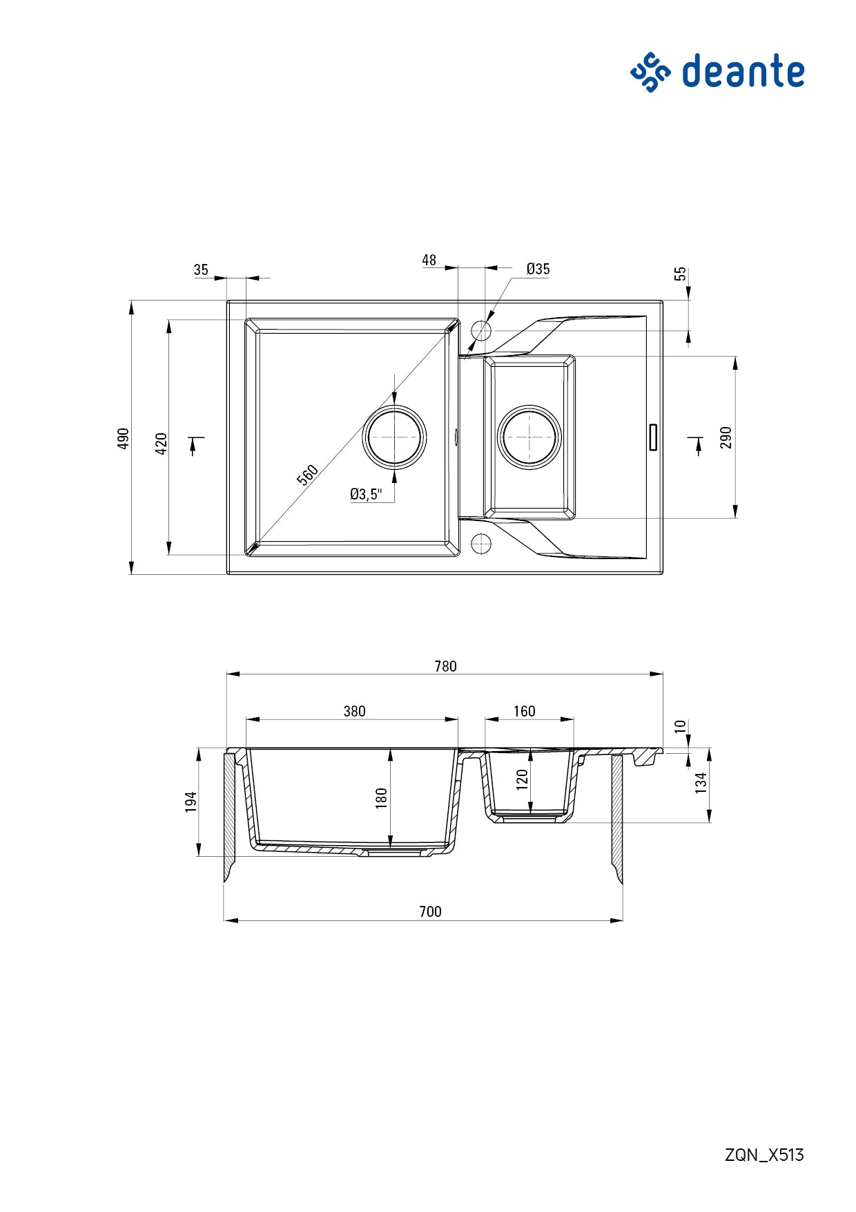 DEANTE Andante Granitspülbecken mit Abtropffläche - 1.5-Becken // Graphit // ZQN-2513